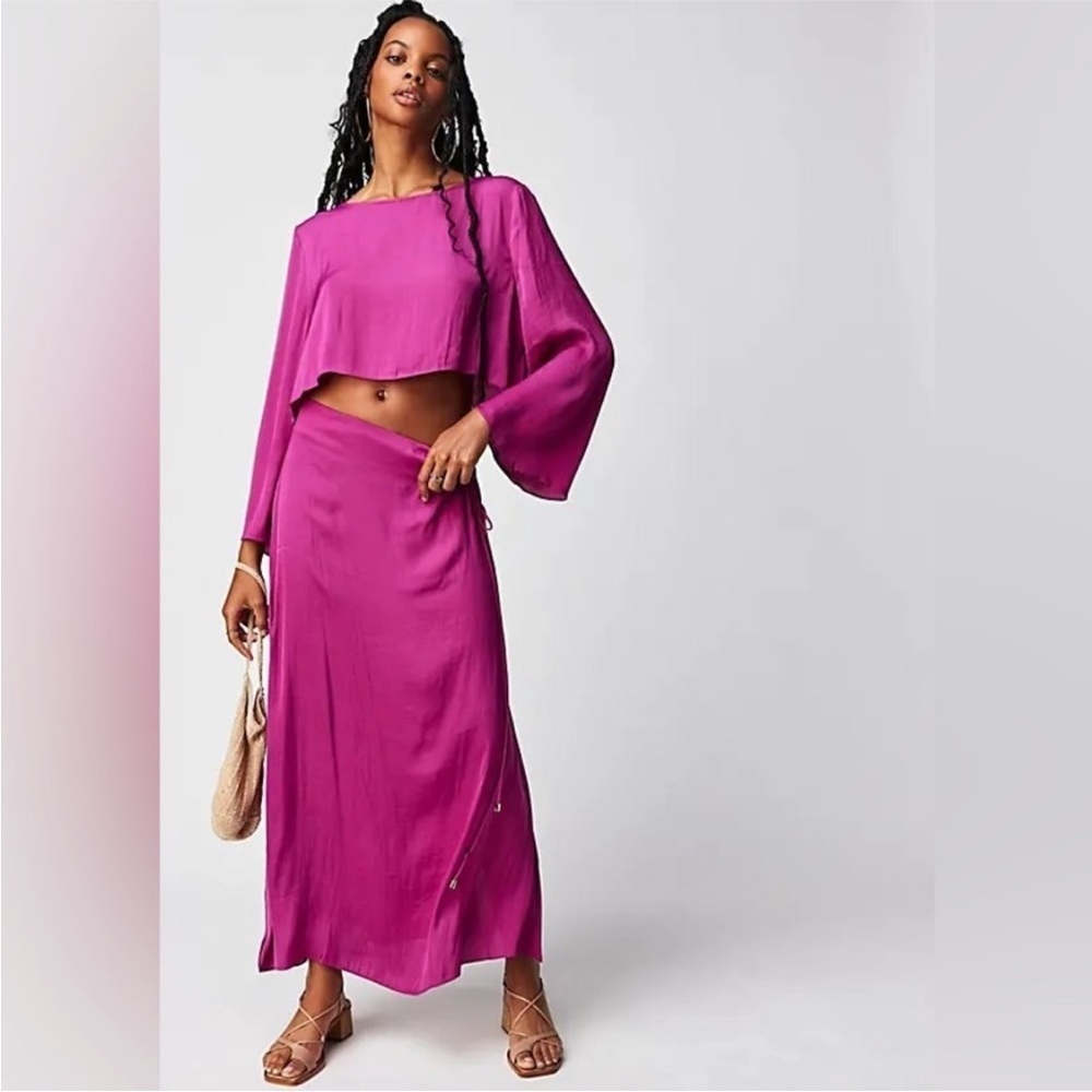 NWOT Free People Angie Satin Long Sleeve Crop Top & Skirt Set Magenta Haze sz 0